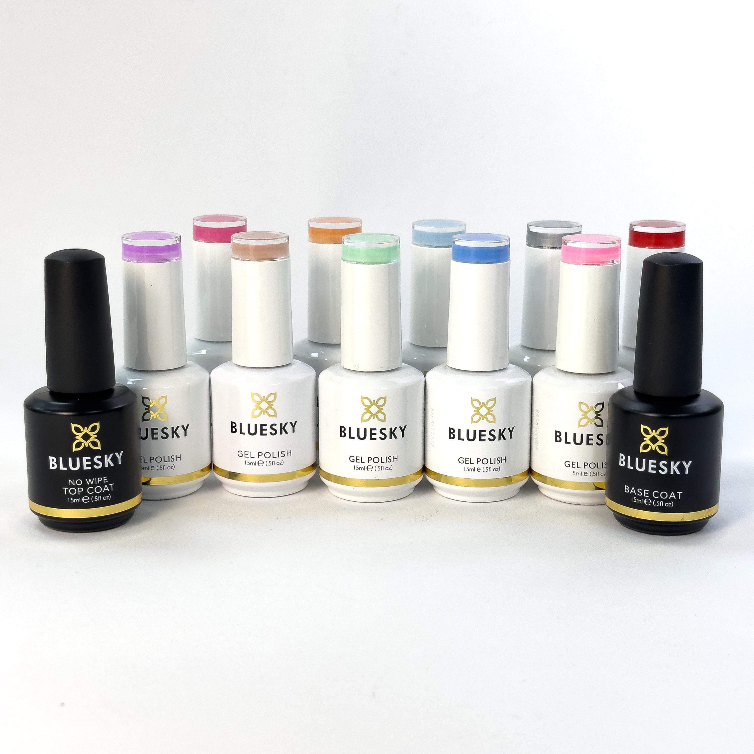 Kit 10 Esmaltes Bluesky 15 ml + Regalo Base Coat y Top No Wipe + Despacho Gratis